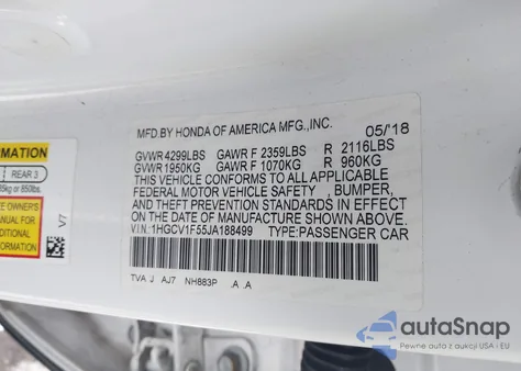 2018 Honda Accord Ex-L z USA, uszkodzony, nr VIN 1HGCV1F55JA188499